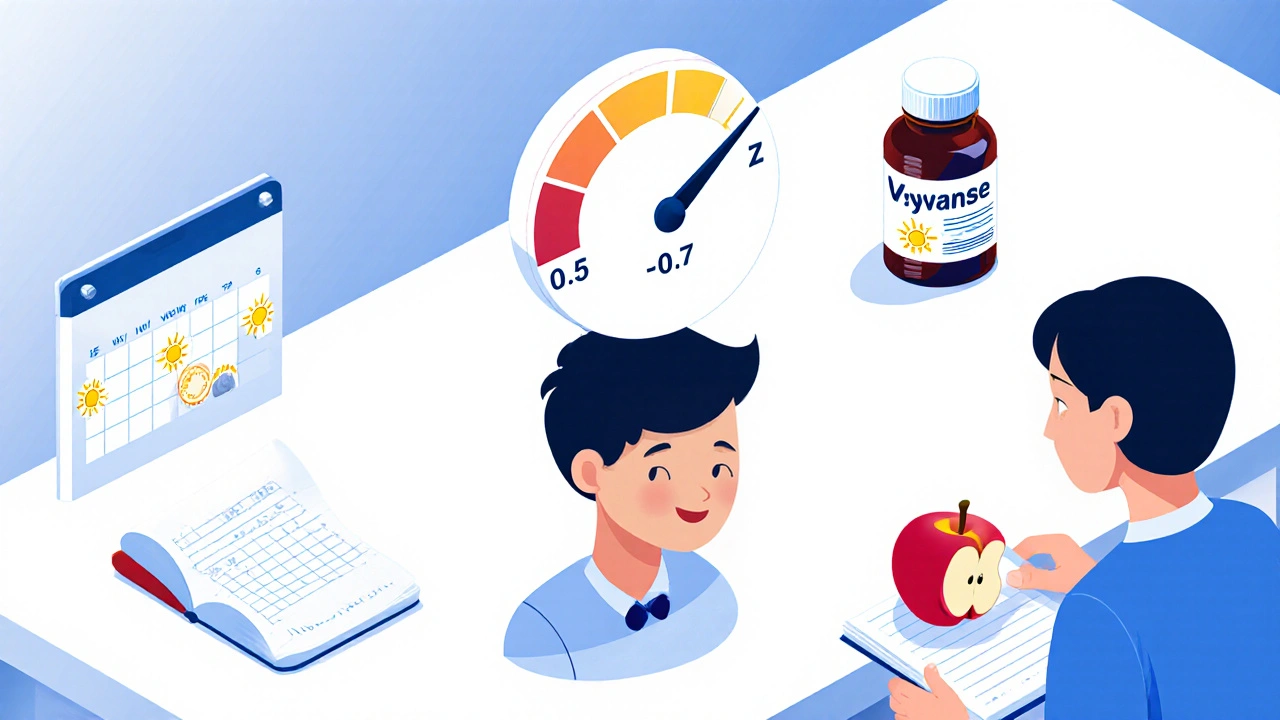 A pediatrician&#039;s office with a z-score meter above a teen, showing growth tracking and medication holidays marked on a calendar.