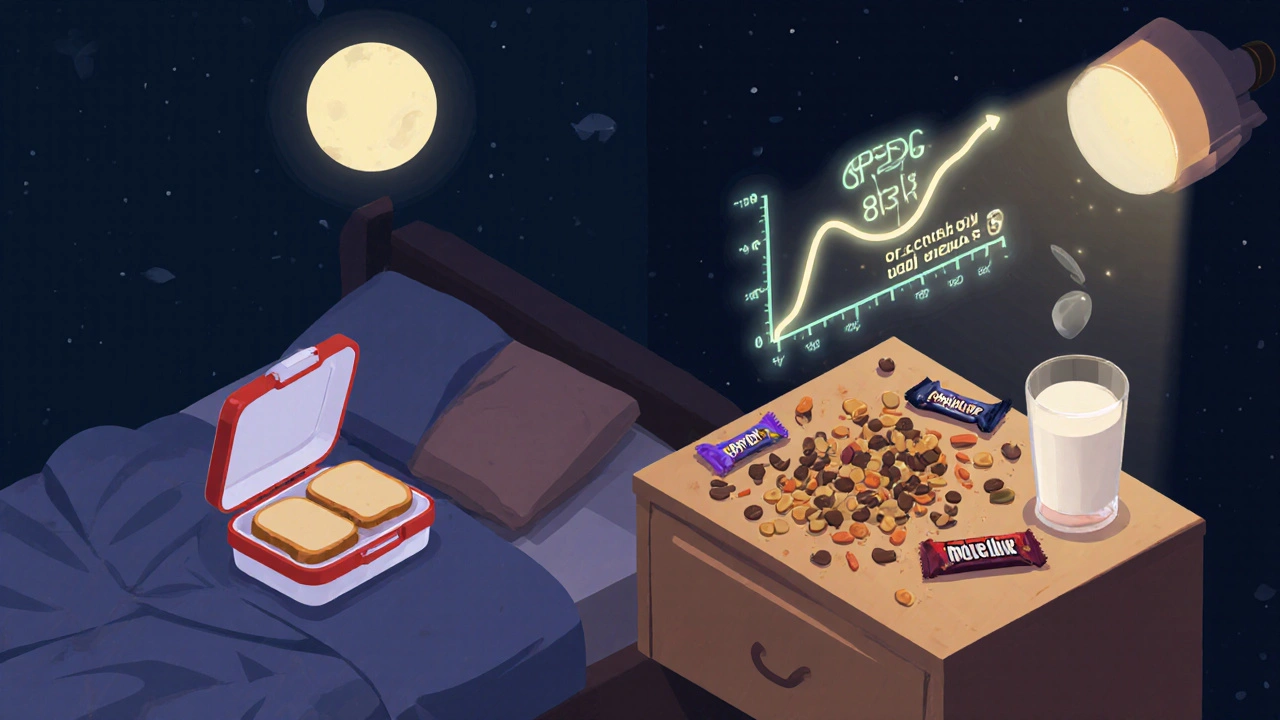 A teen&#039;s bedroom at night with untouched lunch and snack debris, connected to a glowing genetic code and growth recovery graph.
