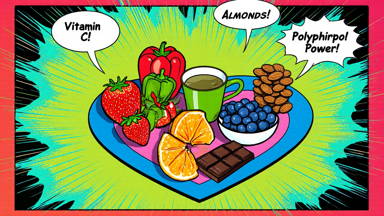 Colorful plate of antioxidant-rich foods illustrated in comic style.