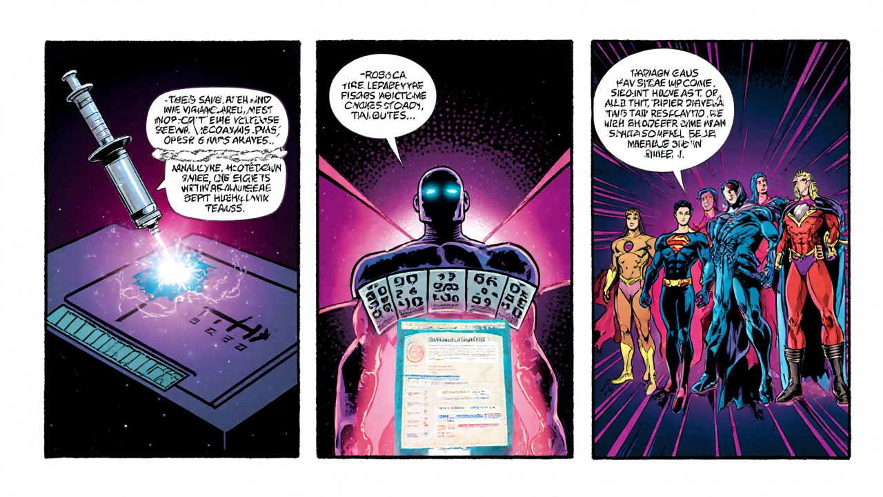 Comic panels show a long‑acting implant, AI robot recommending Ledipasvir, and pangenotypic rivals.