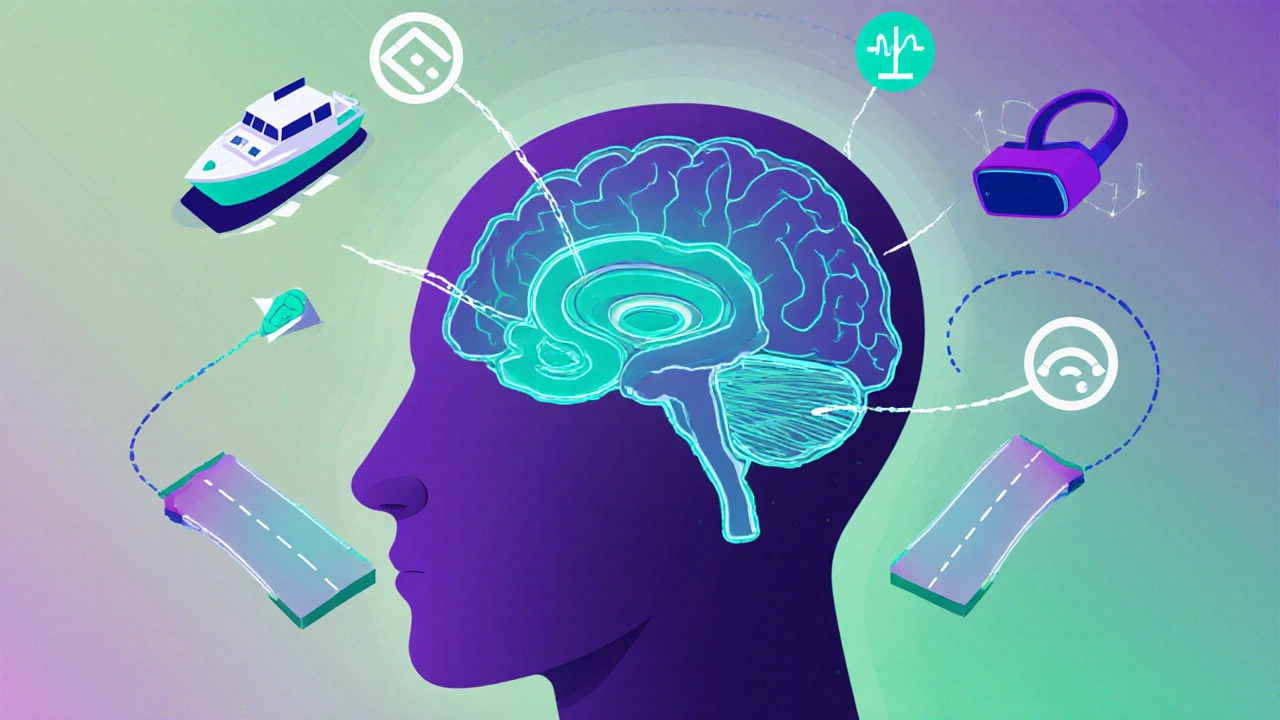 Cross‑section of head highlighting vestibular canals with surrounding motion icons.