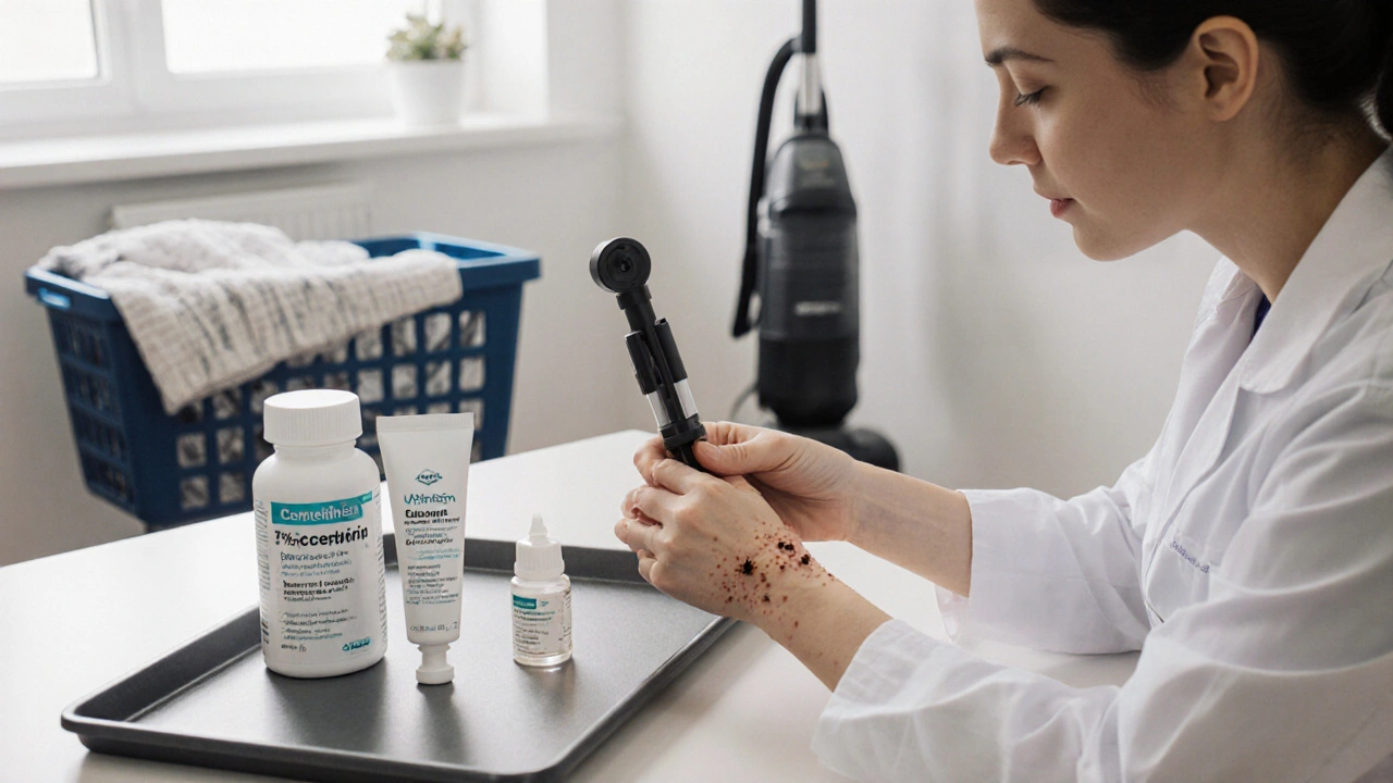 Dermatologist examining a patient, showing treatment creams and prevention items.