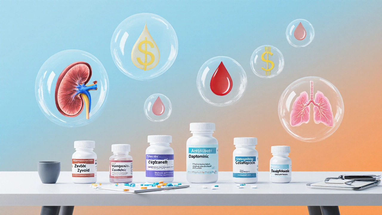 Desk with antibiotic vials and icons for safety, cost, and dosing considerations.