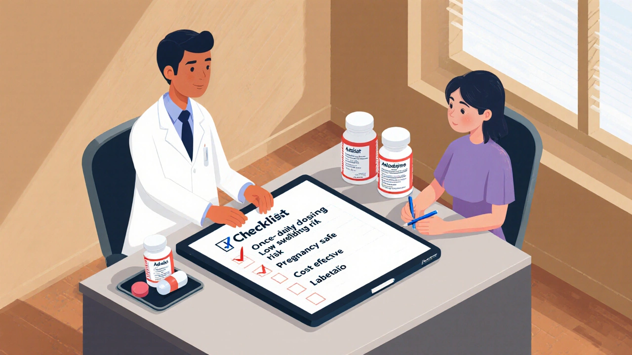 Doctor and patient reviewing a checklist with pill bottles on a tray.