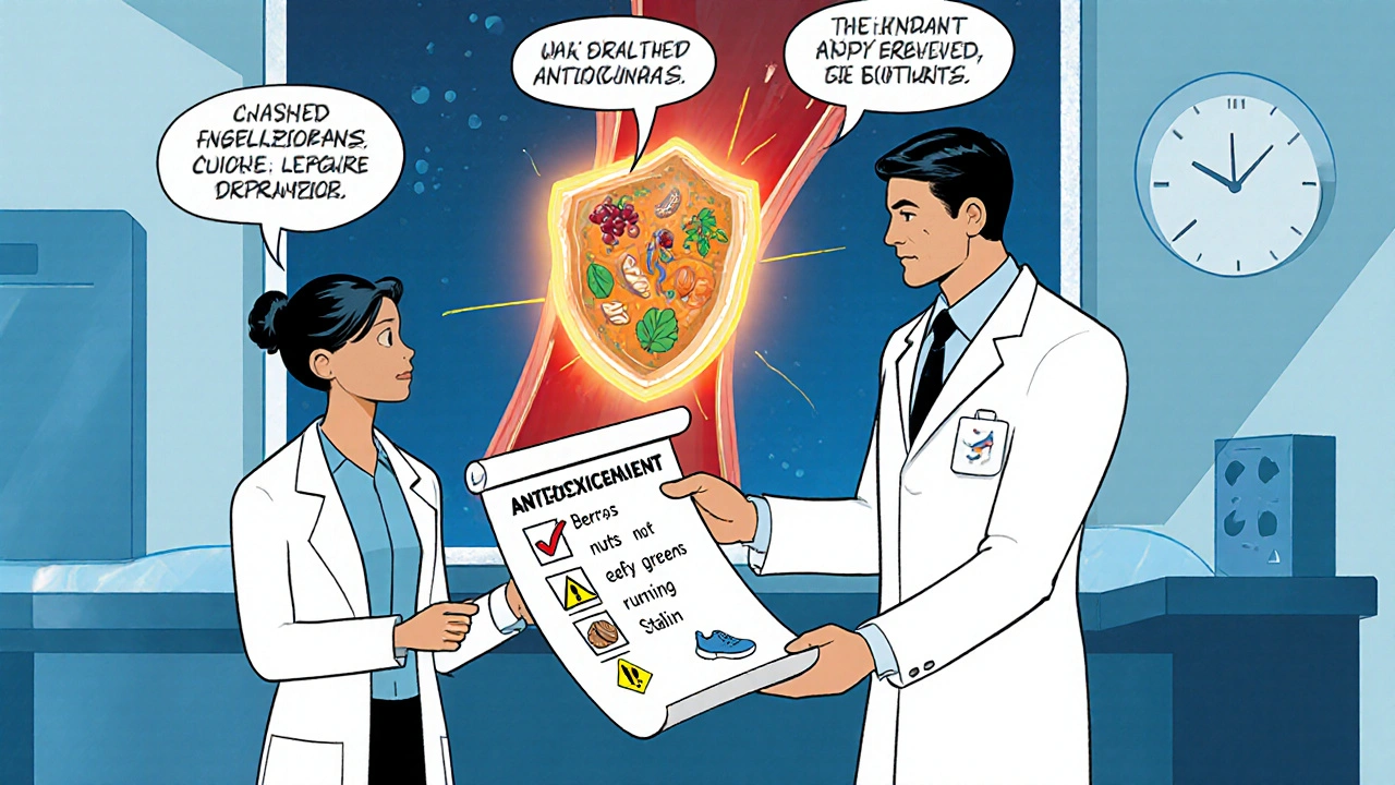 Doctor gives patient a checklist while showing a healthy artery protected by antioxidants.