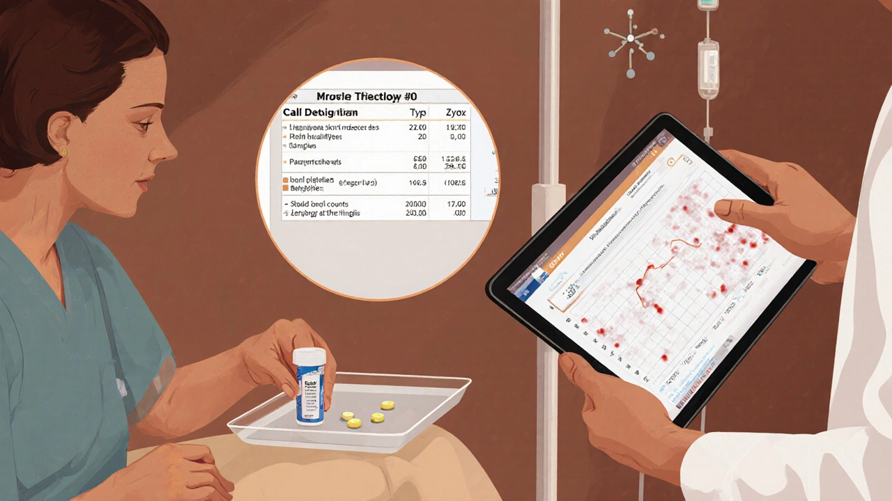Doctor reviews labs while patient receives oral Zyvox for MRSA skin infection.