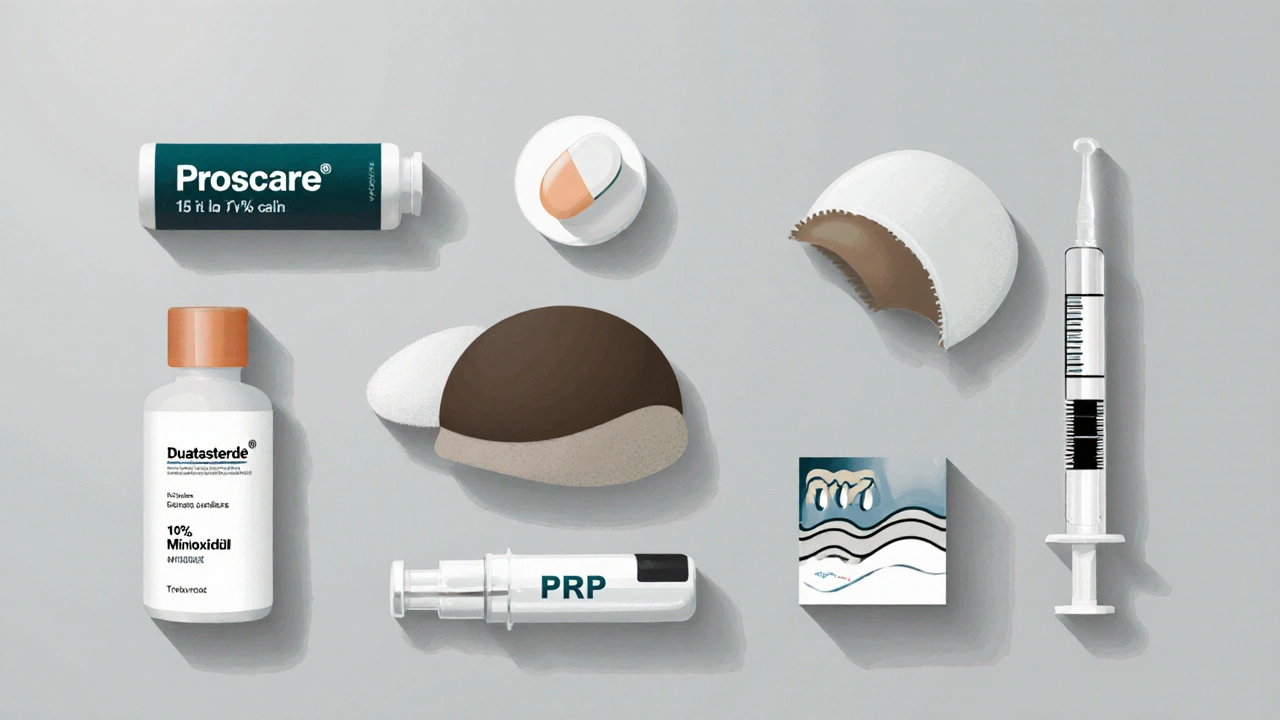 Flat‑lay of various hair‑loss treatment items arranged on a surface.