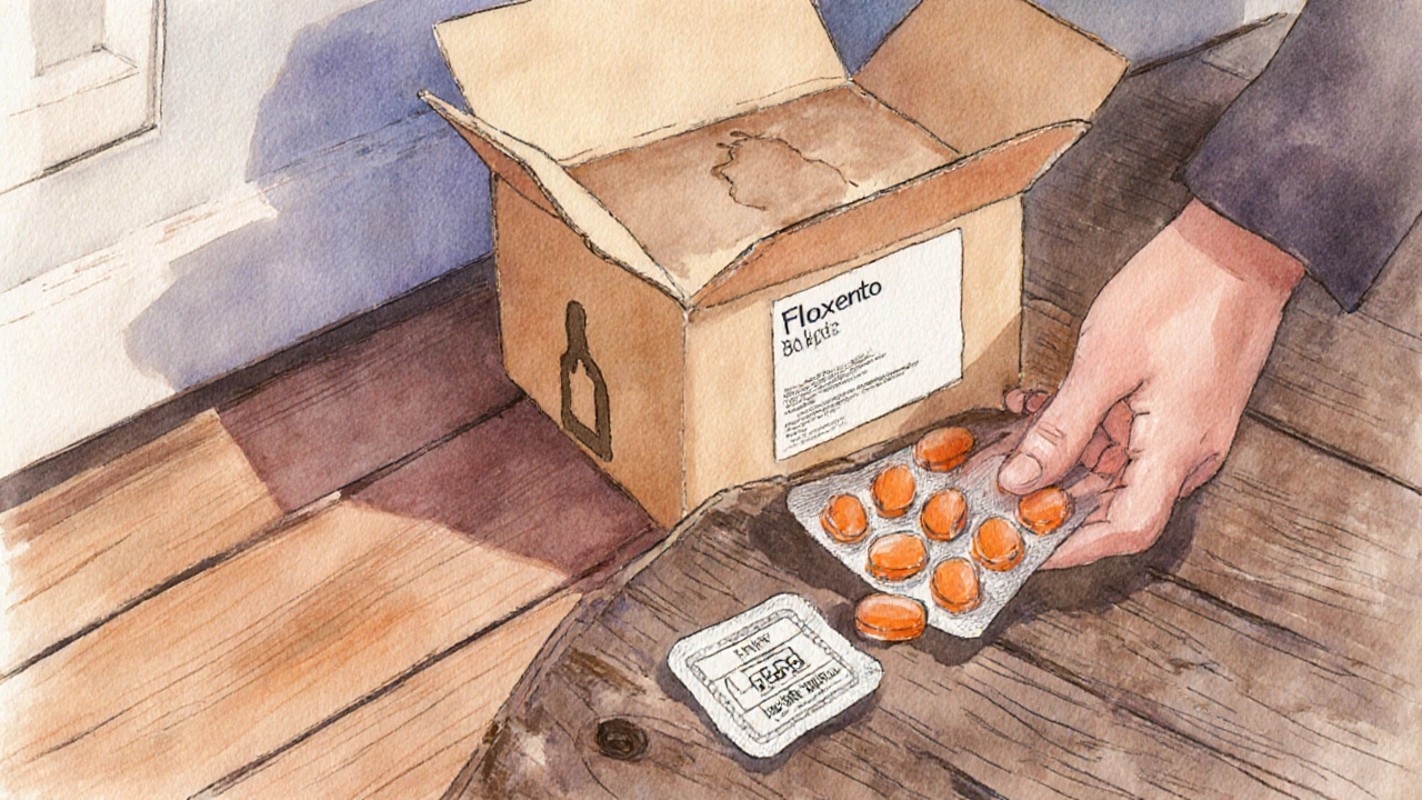 Hand inspecting a delivered fluoxetine package with tablets on a table.