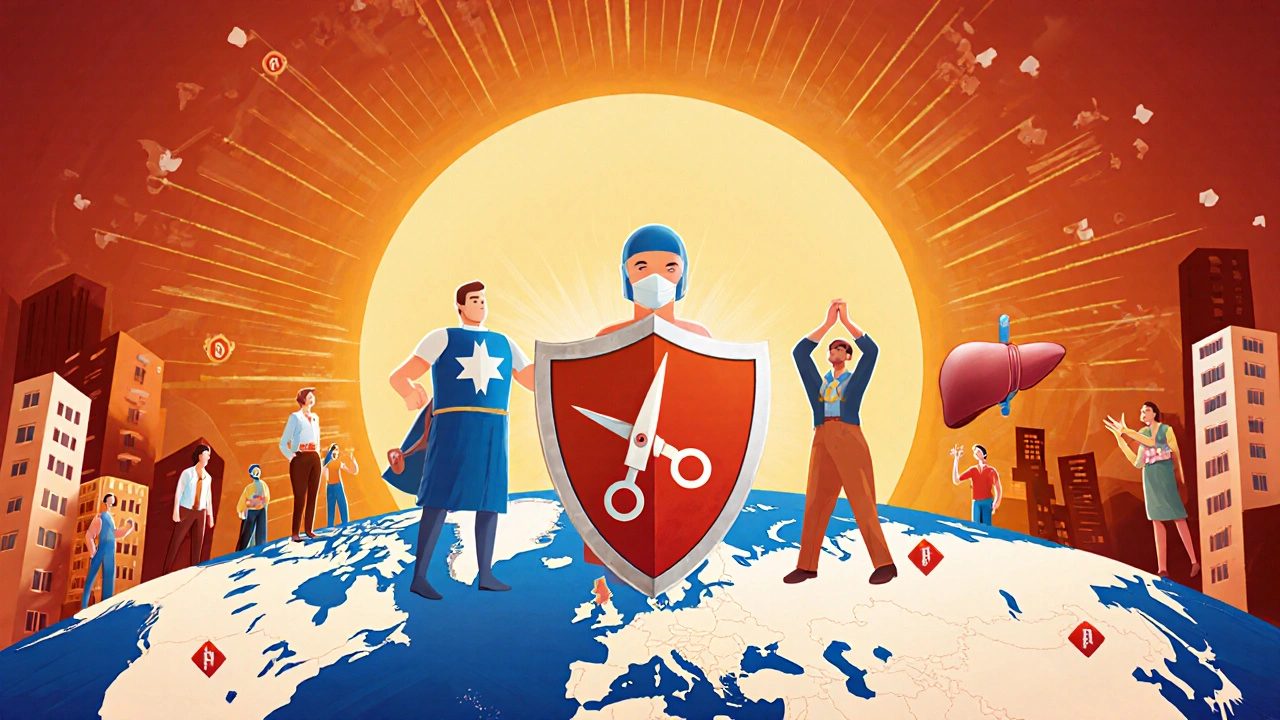 Heroic Ledipasvir molecule stands with CRISPR and vaccine characters protecting a world map.