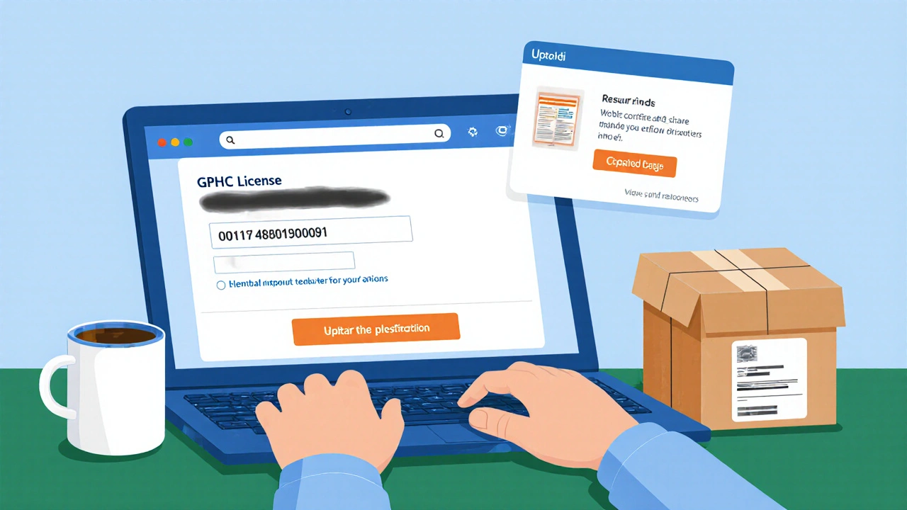 Illustration of a laptop screen showing a GPhC number and prescription upload during ordering.
