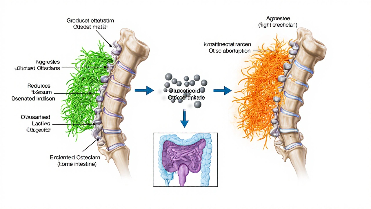 Illustration of a vertebra with suppressed osteoblasts, active osteoclasts, and calcium loss.