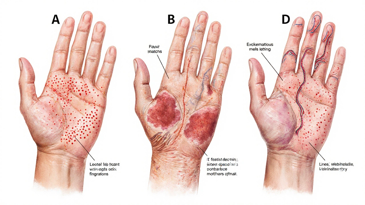 Illustration of hives, eczema patches, and linear burrows on arm and hand.