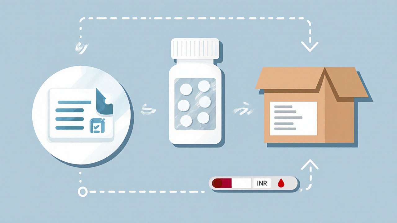 Illustration showing prescription, medicine bottle, delivery box, and INR test strip in a circular flow.
