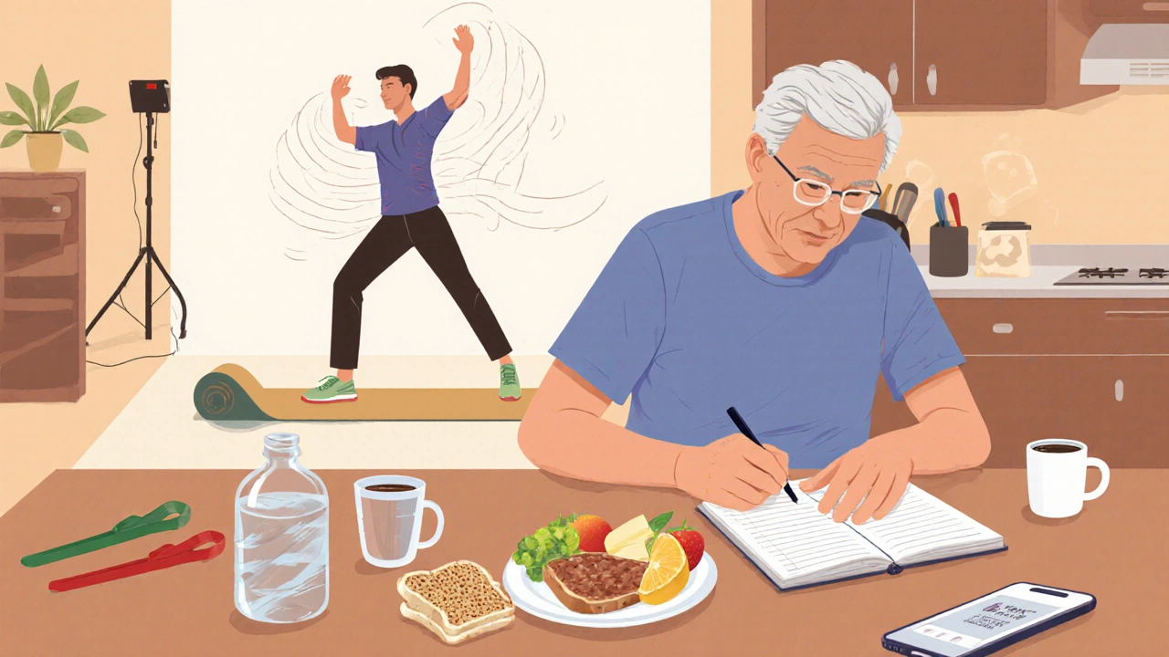 Individual logging meds, eating balanced meal, then practicing Tai Chi at home.