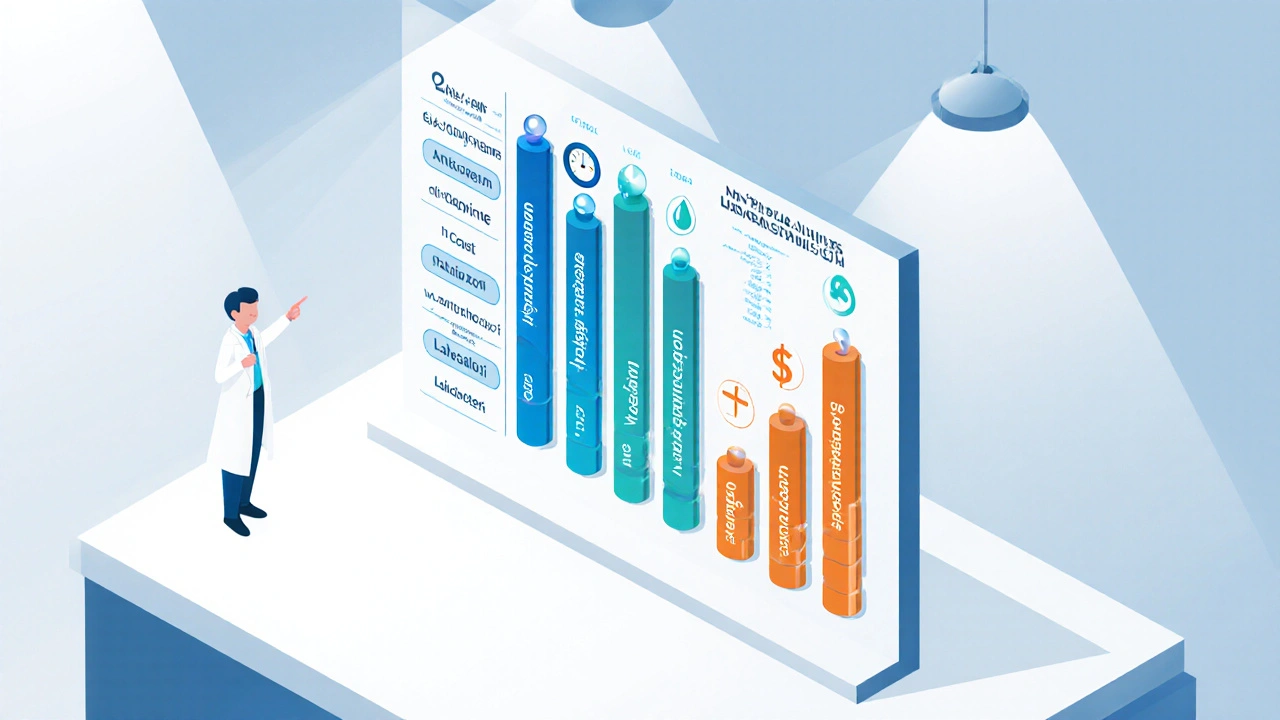 Isometric 3D table comparing five heart drugs with icons for effects and cost.