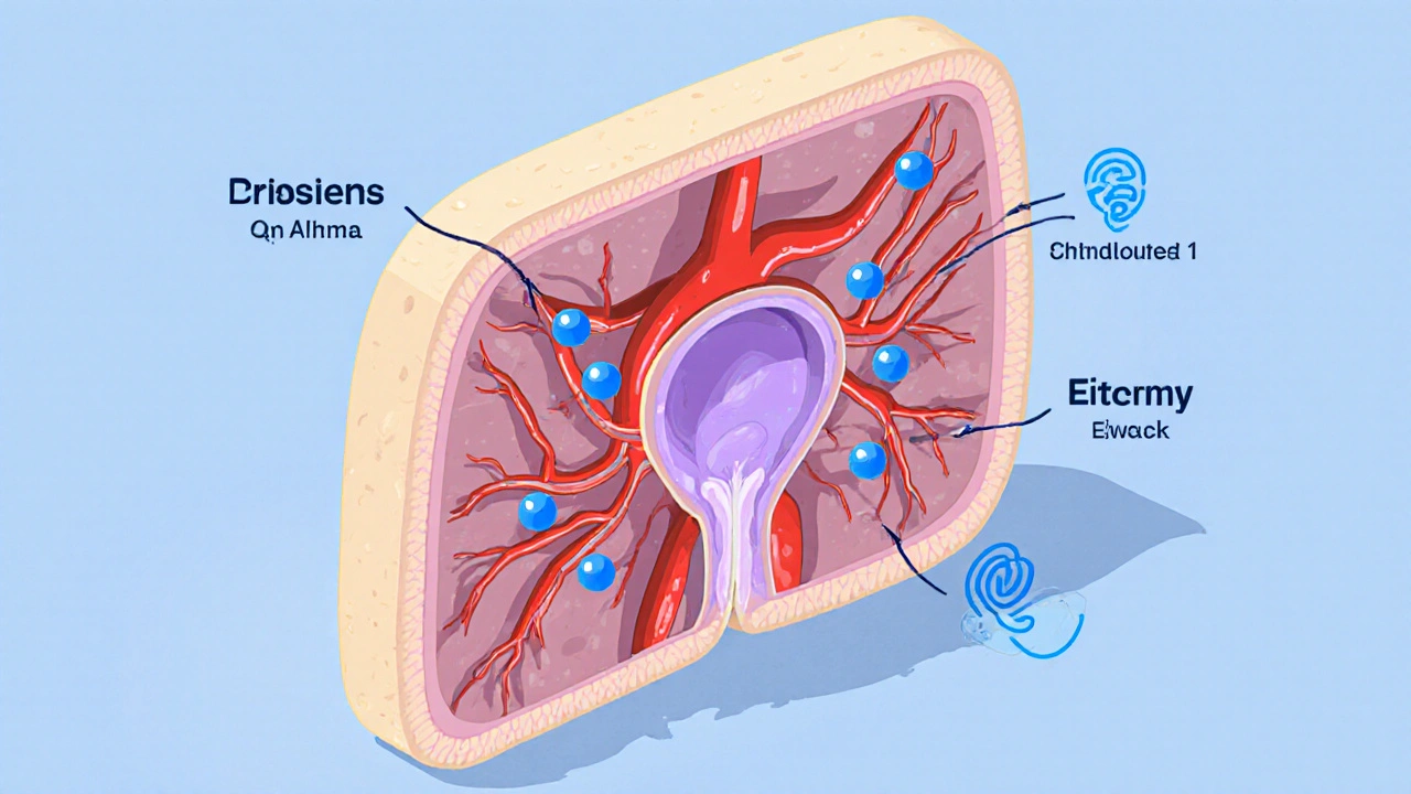 Isometric cutaway torso showing relaxed arteries and prostate with Doxazosin molecules and side‑effect icons.