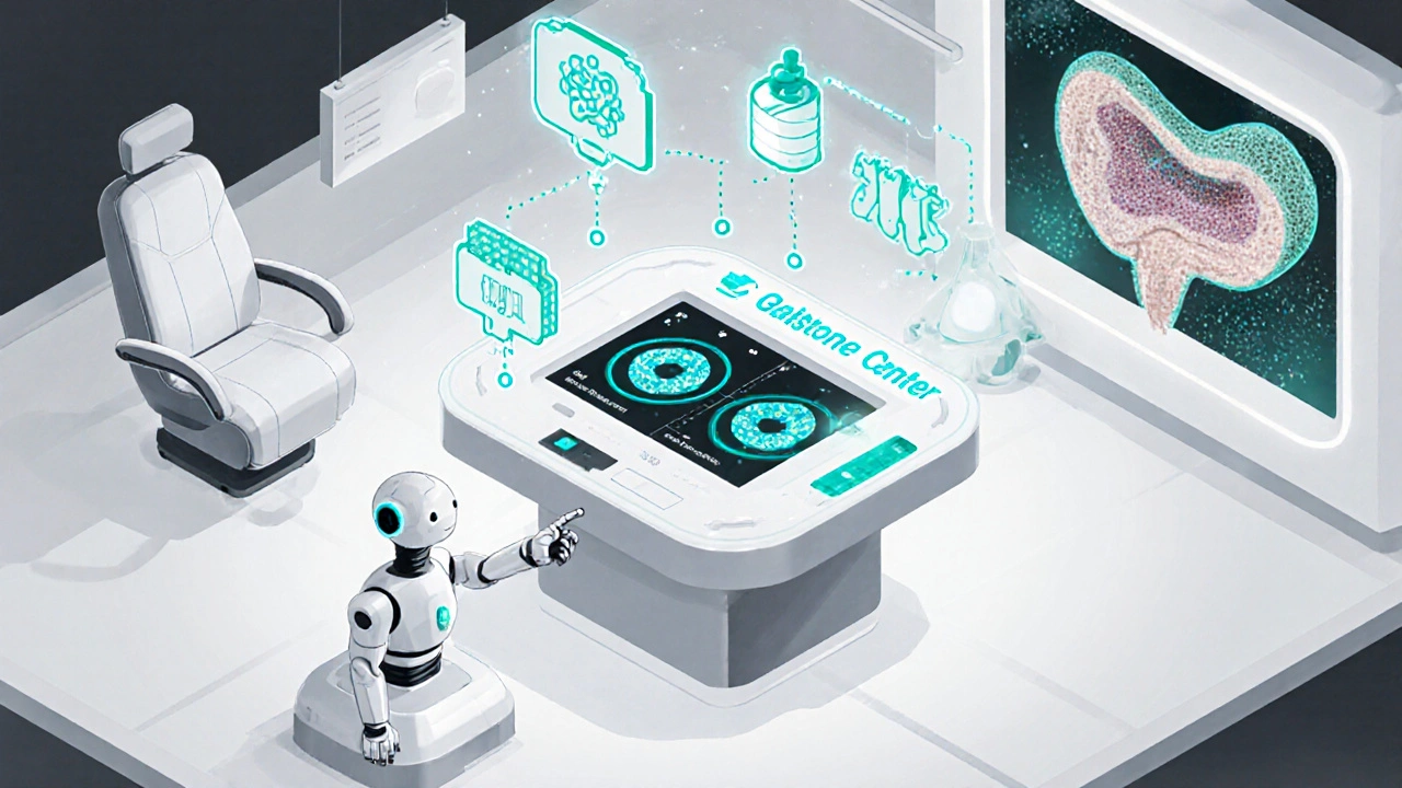 Isometric futuristic gallstone center showing AI diagnosis, nanoparticle infusion, and tissue‑engineered gallbladder.