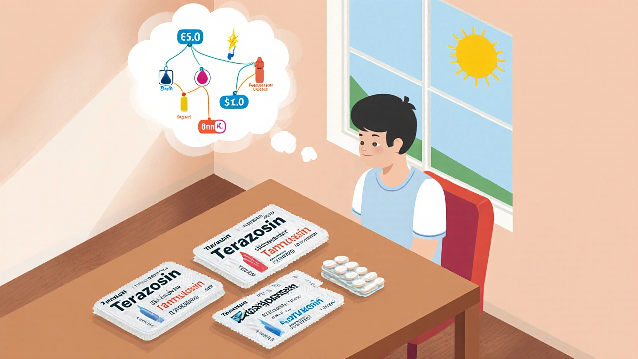 Isometric home scene of a patient comparing four alternative pill packs with cost and side‑effect tags.