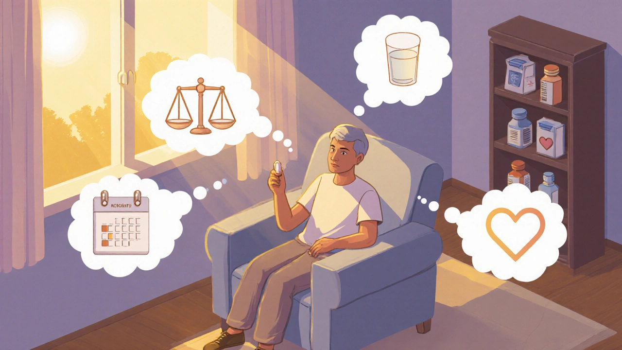 Isometric home scene of patient holding a tablet with thought bubbles about treatment benefits.