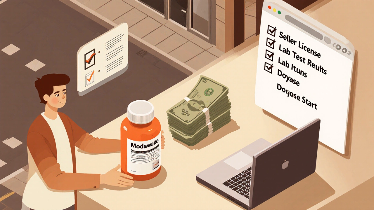 Isometric illustration of a pharmacy counter with a Modawake bottle, money, and safety‑check items.