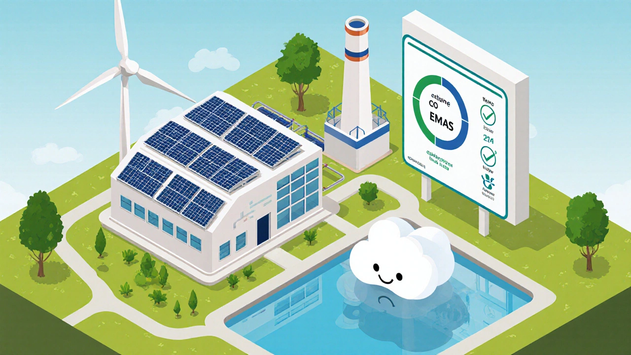 Isometric illustration of a sustainable cetirizine plant with solar panels and a happy tablet.