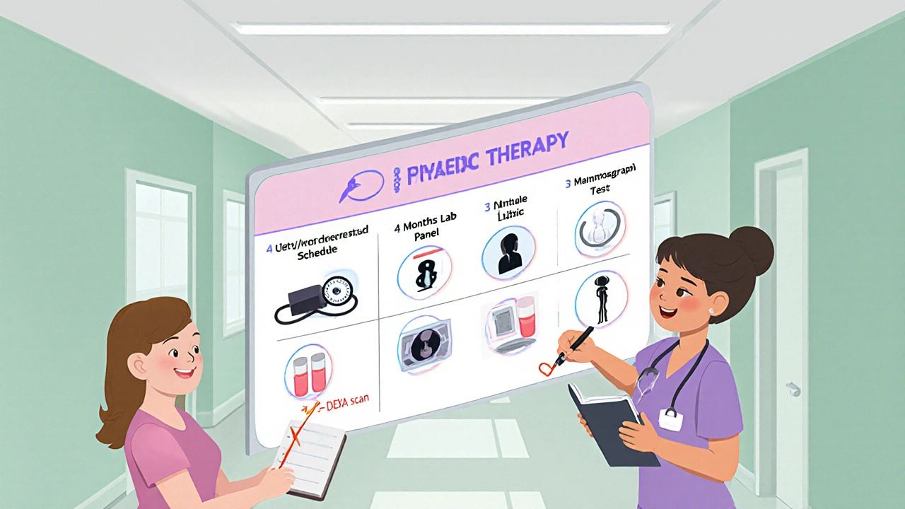 Isometric patient journey board illustrating follow‑up visits, lab tests, mammogram, and DEXA scan with icons.