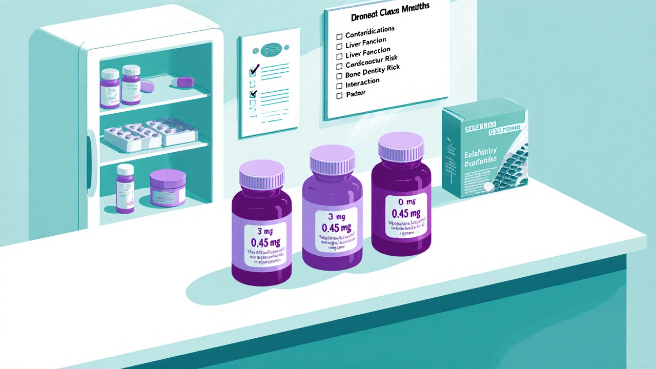 Isometric pharmacy view with three pill bottles of different estrogen strengths, plus vaginal cream and patches, beside a safety checklist.