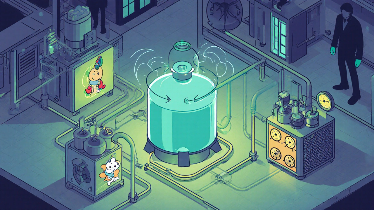 Isometric scene showing continuous flow reactor, enzyme tank, and solvent recovery unit.