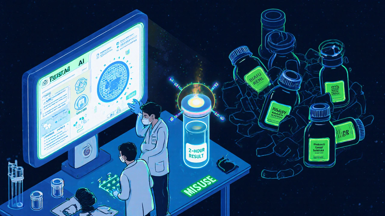 Lab with AI diagnostics and bacteriophages fighting resistant bacteria, contrasted with discarded antibiotic pills.