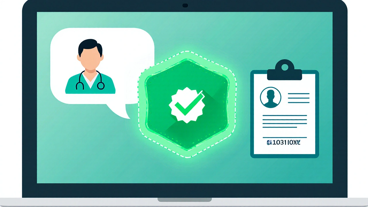 Laptop screen showing verification icons and a pharmacist chat, indicating a trusted online pharmacy.
