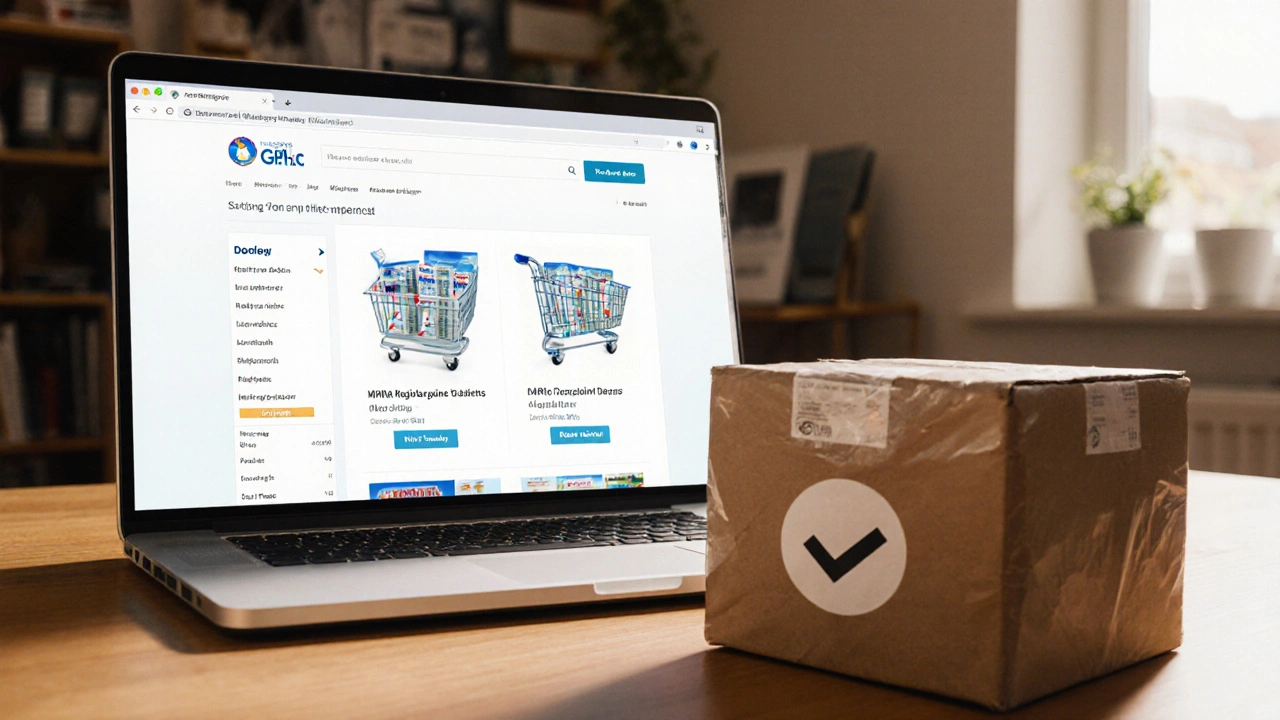 Laptop screen with online pharmacy icons and a delivery box on a home desk, showing safe purchase.