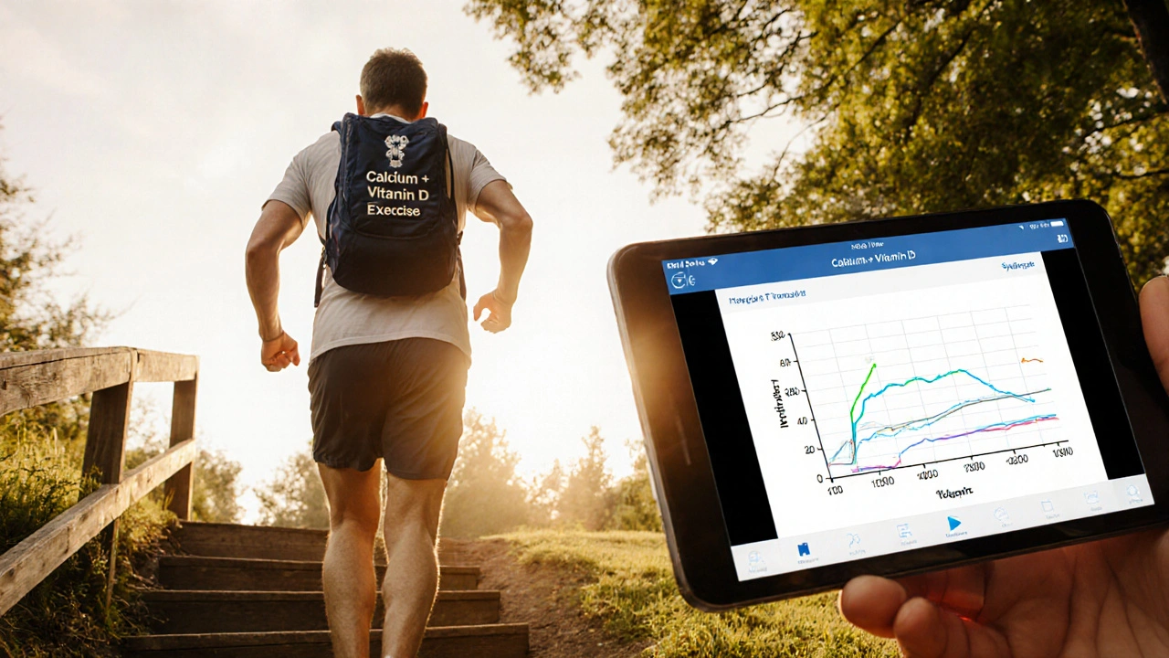 Person climbing park steps with calcium supplement backpack and DXA scan showing improvement.