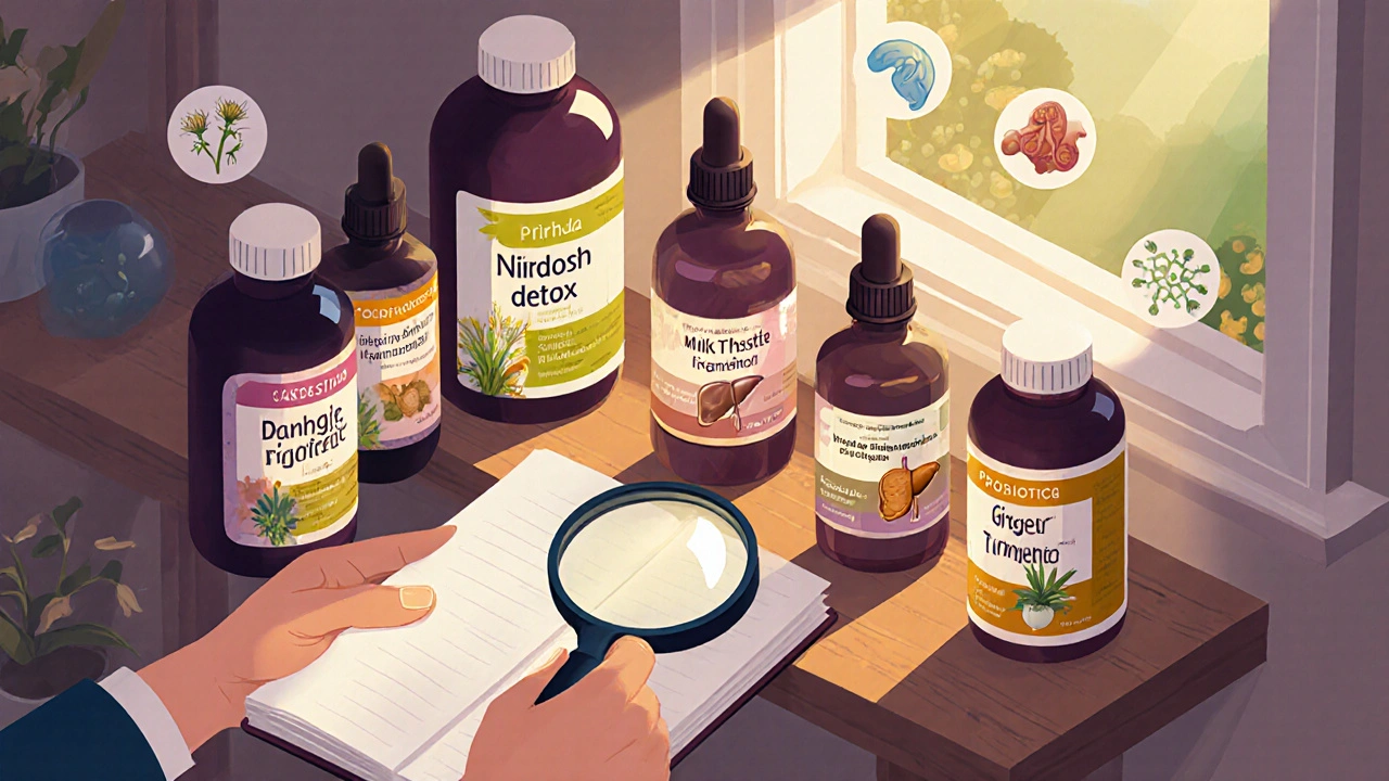 Person examining herbal supplements on a shelf with glowing benefits represented by floating icons.