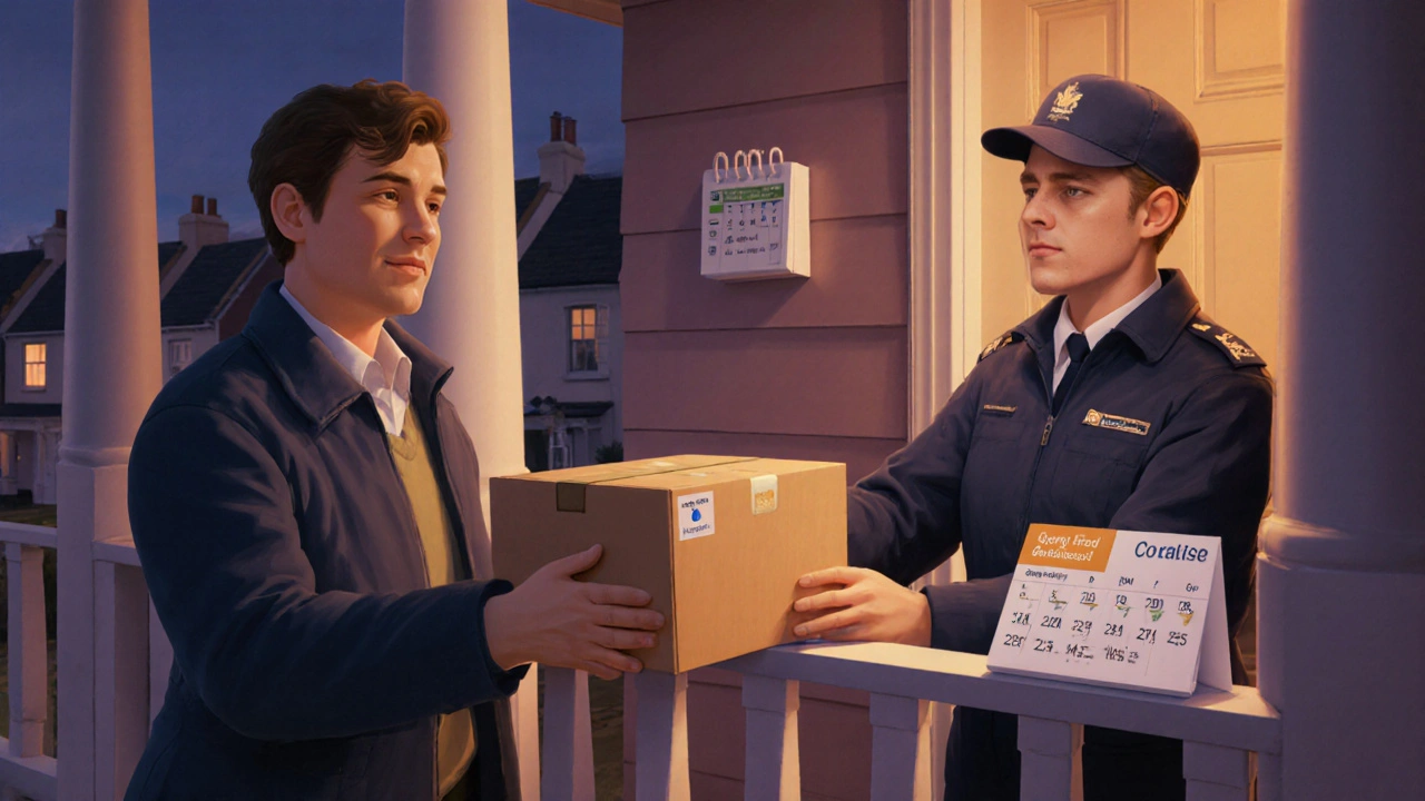 Person receiving a discreet parcel of generic Singulair on a cozy porch at dusk.