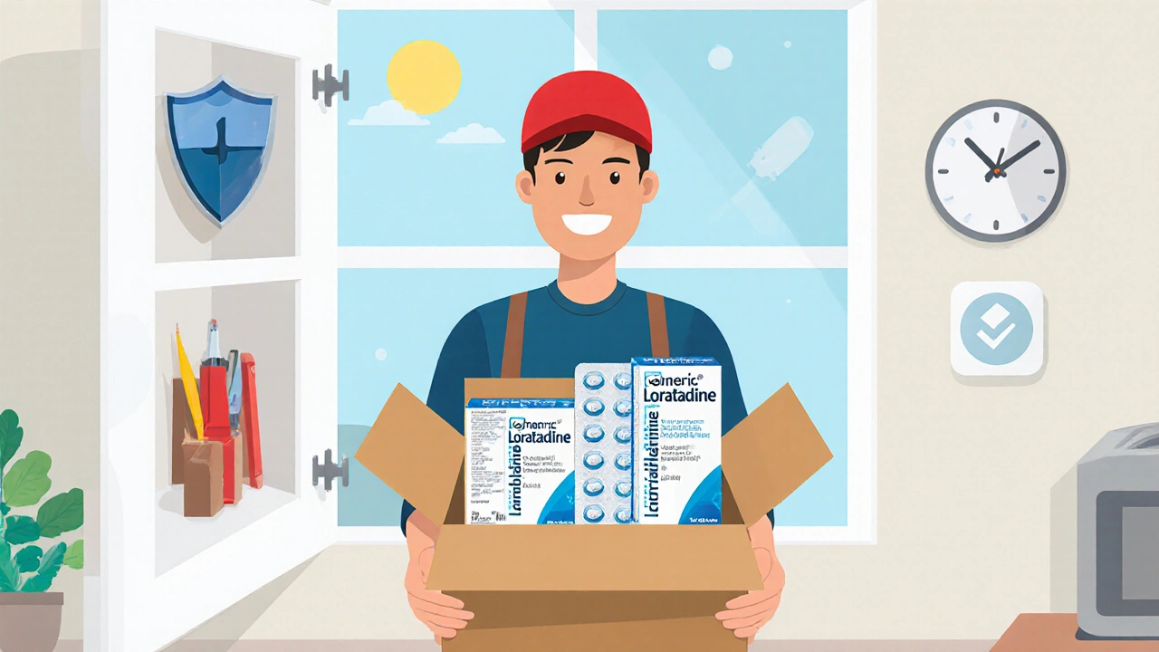 Person receiving a package of generic loratadine and storing tablets in a dry cabinet.