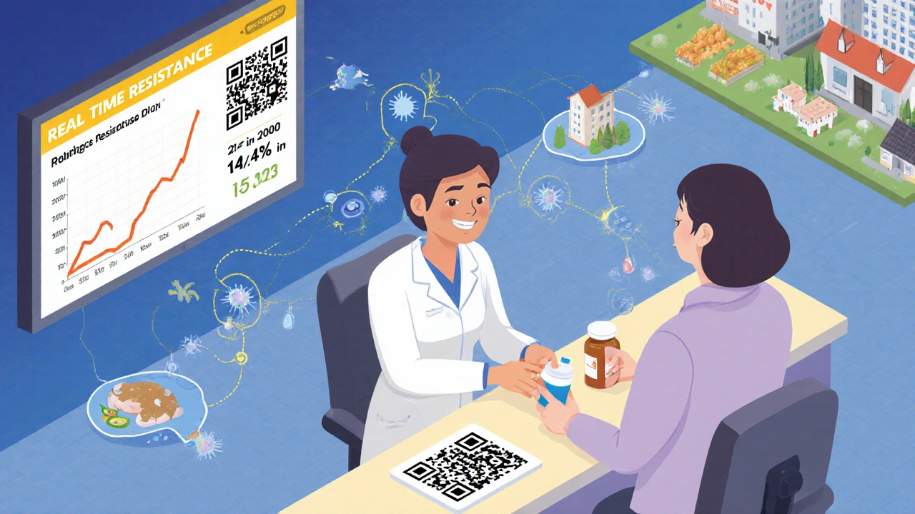 Pharmacist giving antibiotic to patient while resistance data rises on screen, with bacteria spreading from farm to hospital.