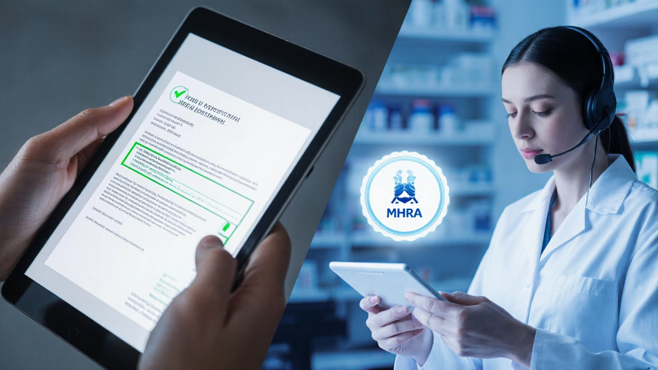 Pharmacist reviewing an uploaded prescription with a regulatory badge beside them.