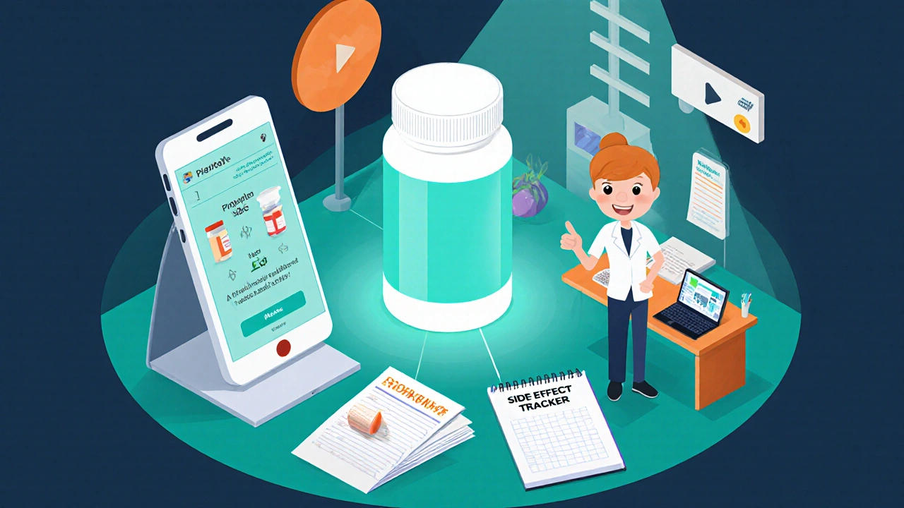Smart pill bottle, phone app, pharmacist, and side‑effect tracker in a home health hub.