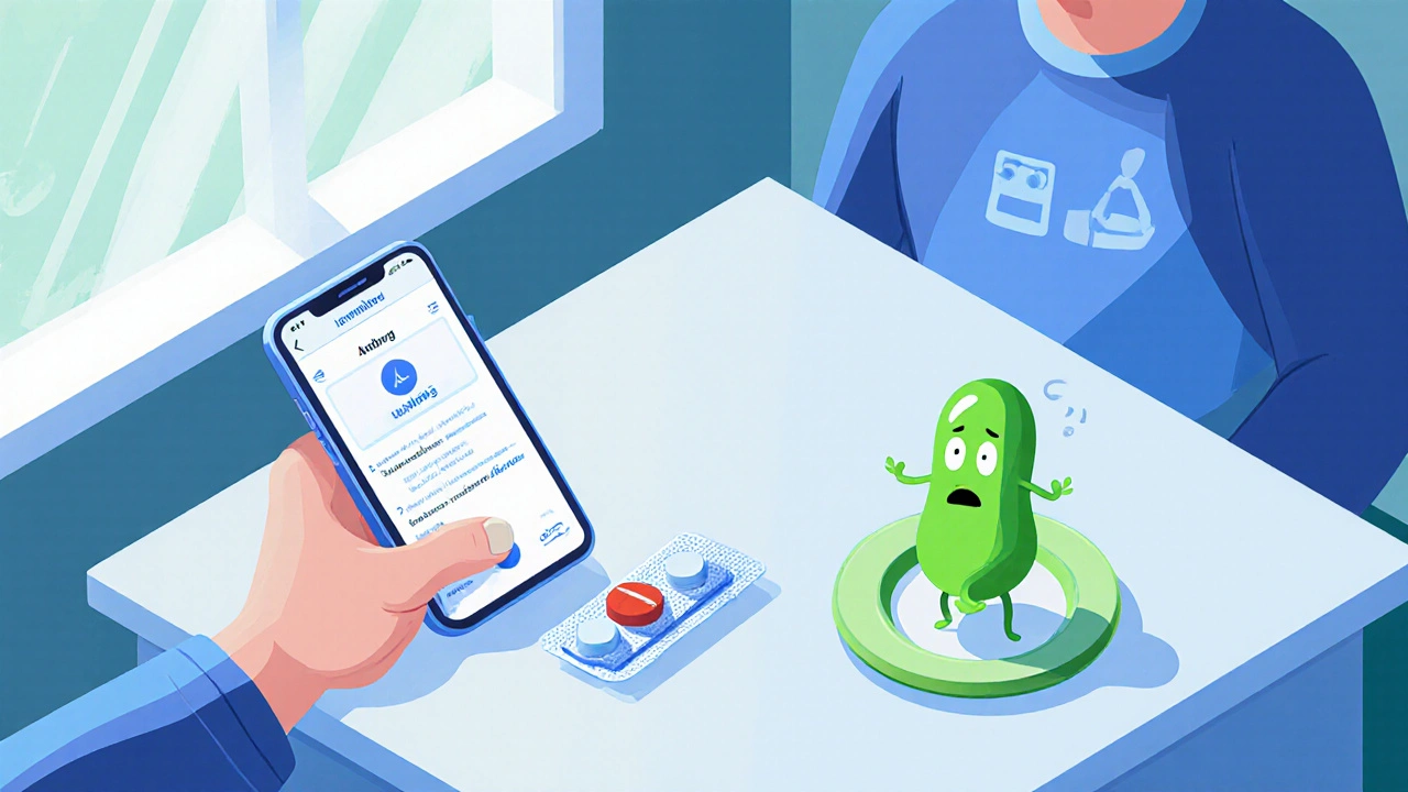 Someone about to throw away an antibiotic pack, with phone reminder and cartoon bacteria.