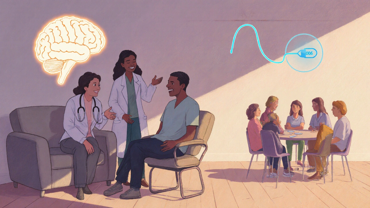 Therapy team and support group discussing dyskinesia with subtle DBS brain illustration.
