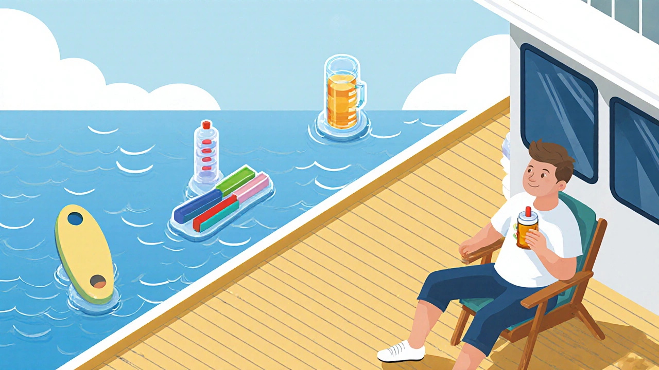 Traveler on a ship uses horizon gaze, ginger tea, and balance tools for relief.