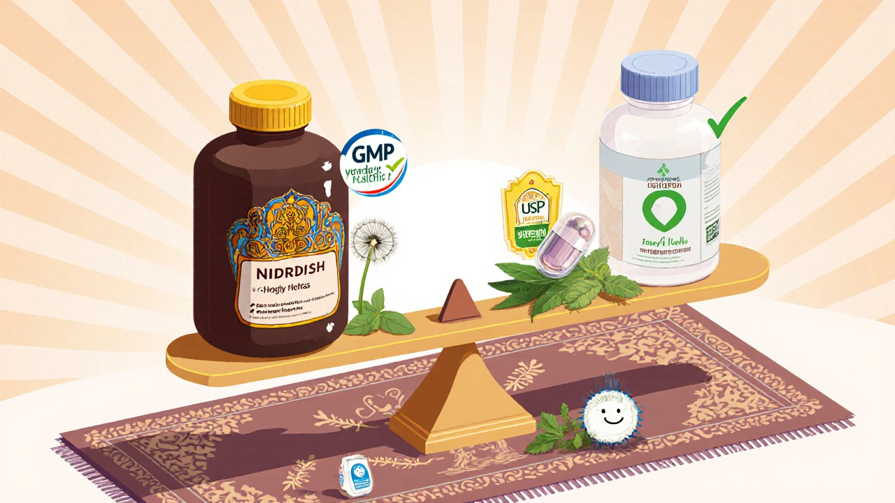 Wellness scale balancing Nirdosh against safer, certified herbal alternatives like Triphala and dandelion.