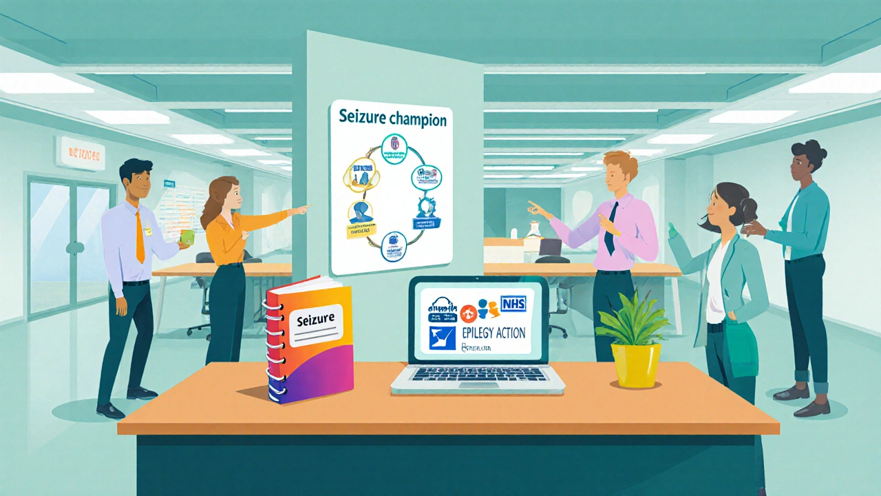 Workplace corner featuring a seizure champion desk with resources and diary.