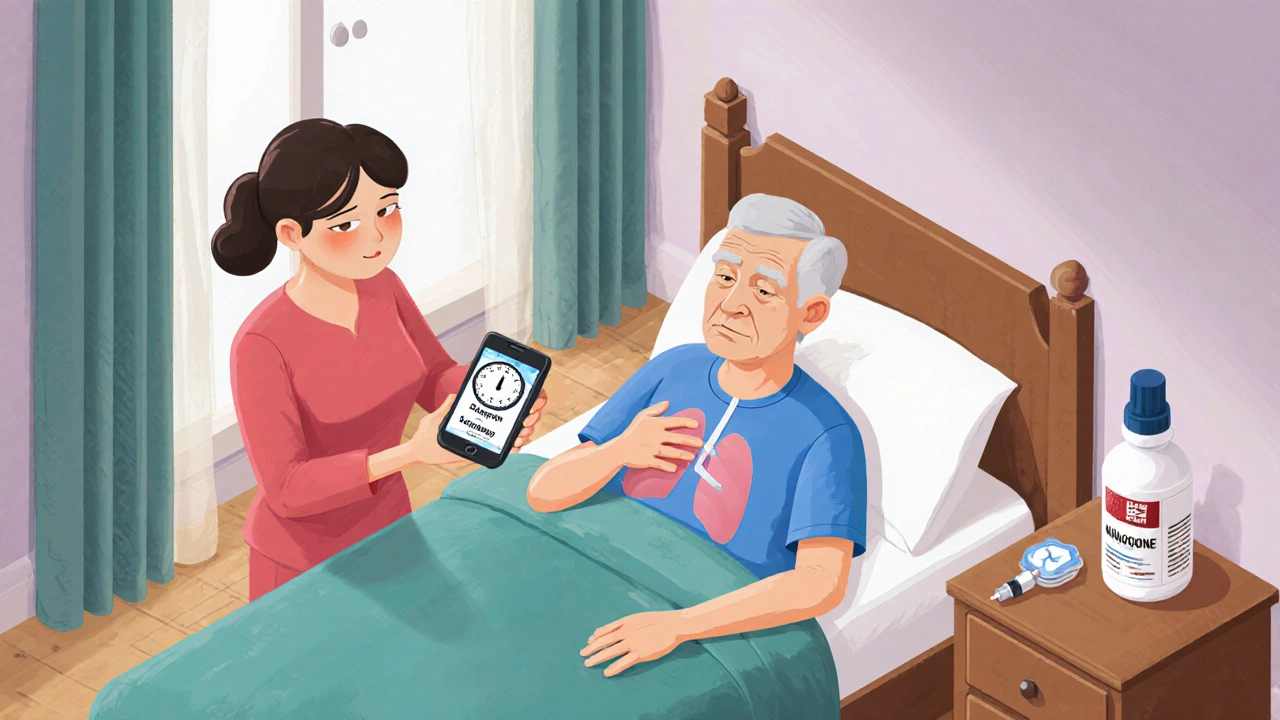 A family member checks an elderly man&#039;s breathing at home after taking opioids, with naloxone and alarm visible.