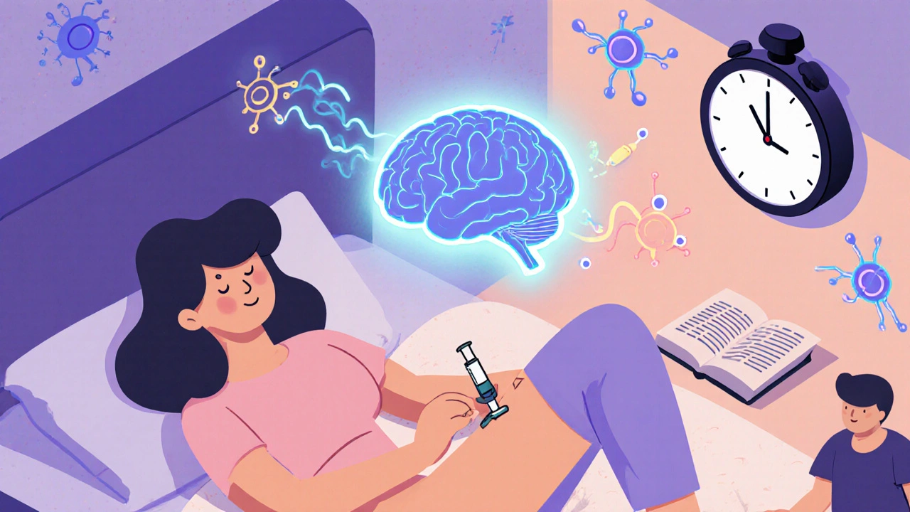 A woman self-administering an injection as her brain lights up with neurotransmitter waves.