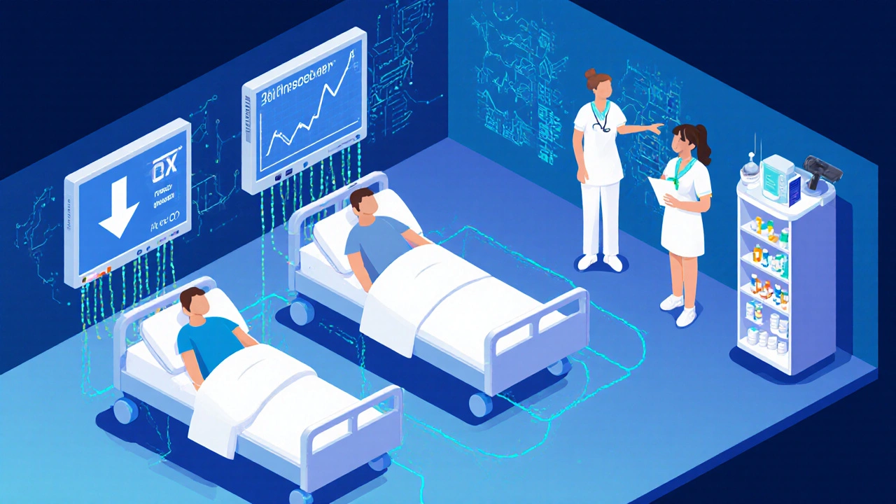 AI-powered hospital monitors predict respiratory failure, with staff training and warning signs displayed.