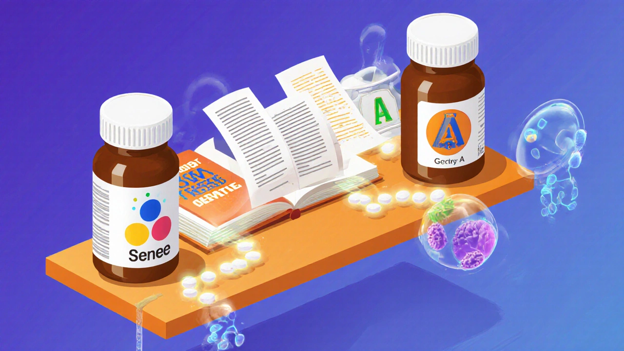Brand-name and generic pill bottles connected by a glowing bioequivalence data bridge with FDA symbols.