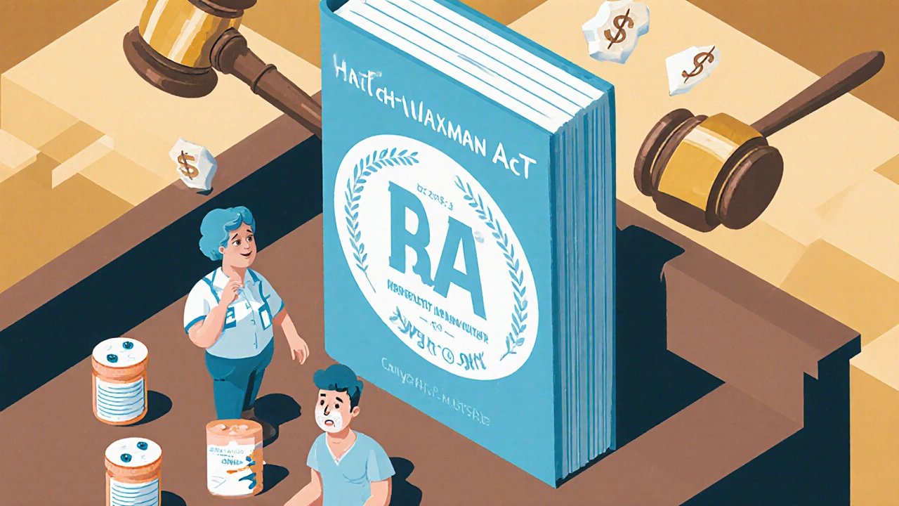 Courtroom scene where a brand company logo crushes a generic manufacturer under the Hatch-Waxman Act, patients holding confused pill boxes.