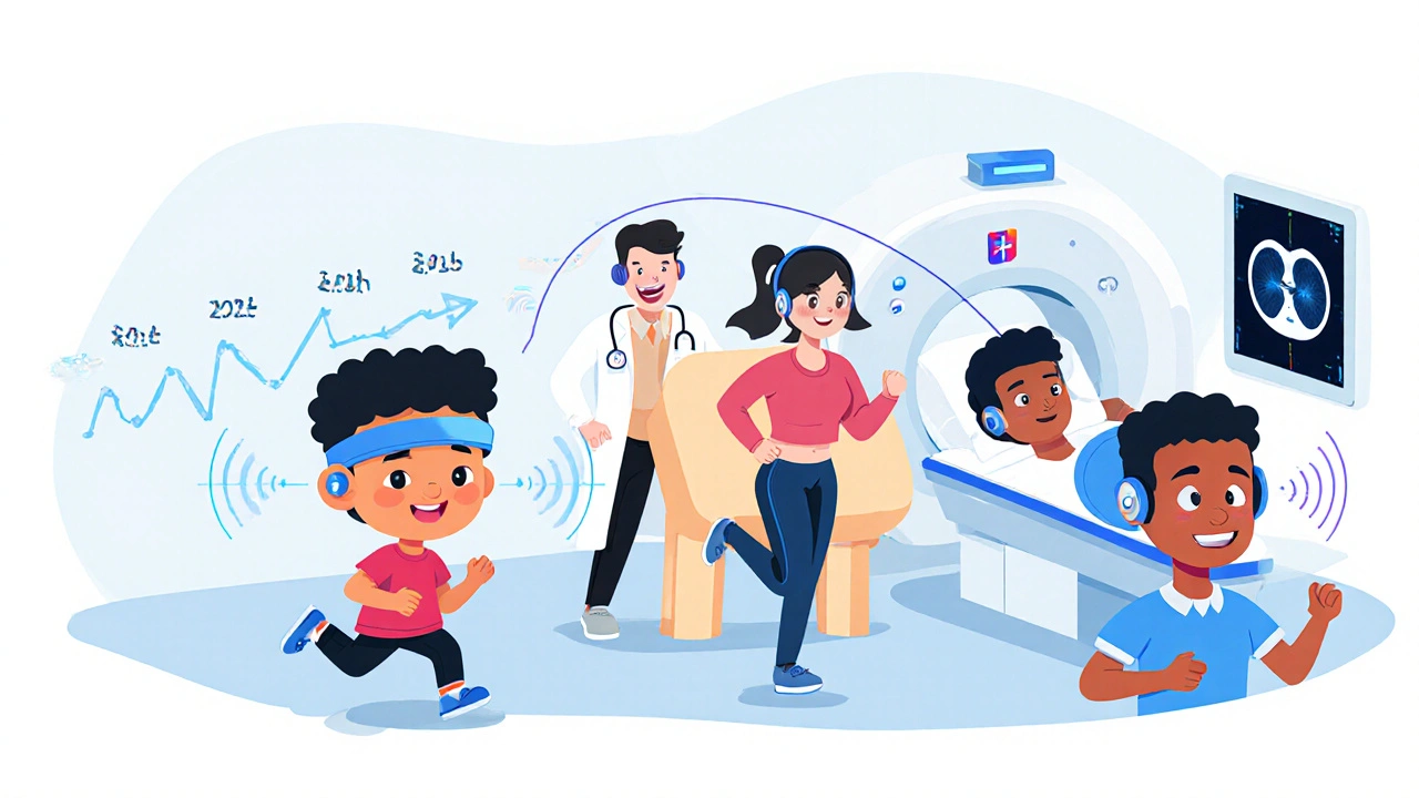 Diverse users with bone-conduction devices, showing real-life scenarios and medical context in isometric style.