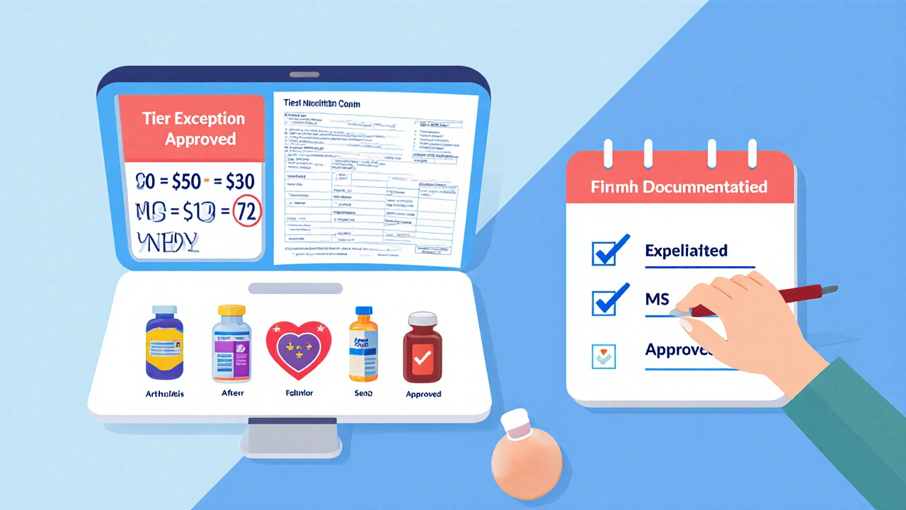 Doctor submitting tier exception request on laptop with approval notice and drug cost comparison chart.